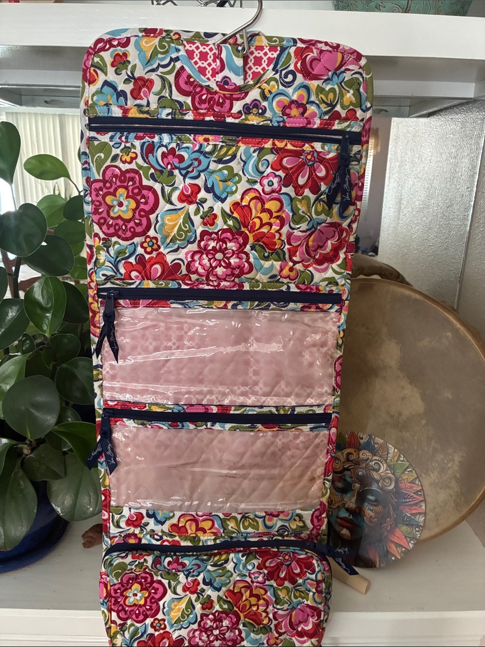 Floral Pink Hanging Organizer with Clear Pockets - Quilted Travel Storage